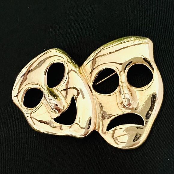 Vintage Comedy Tragedy Theater Face Mask Shiny Gold Tone Pin Drama Brooch 4326 - Picture 1 of 9